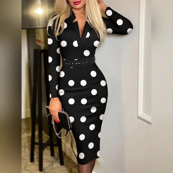 SOLD OUT!!!!! Elegant Black and White Polka Dot Long Sleeve Dress - Picture 1 of 6